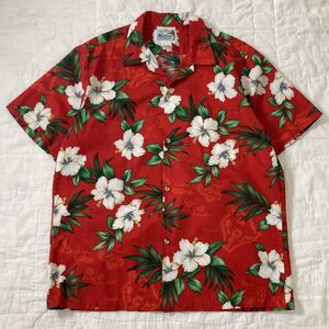 Vintage Rainbow Hawaiian Red Floral Button Up Shirt Men Large Made in Hawaii